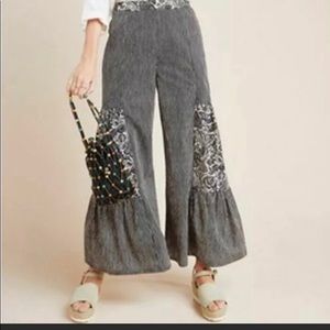 Anthropologie Wide-Leg Gray Embroidered Panel Pants